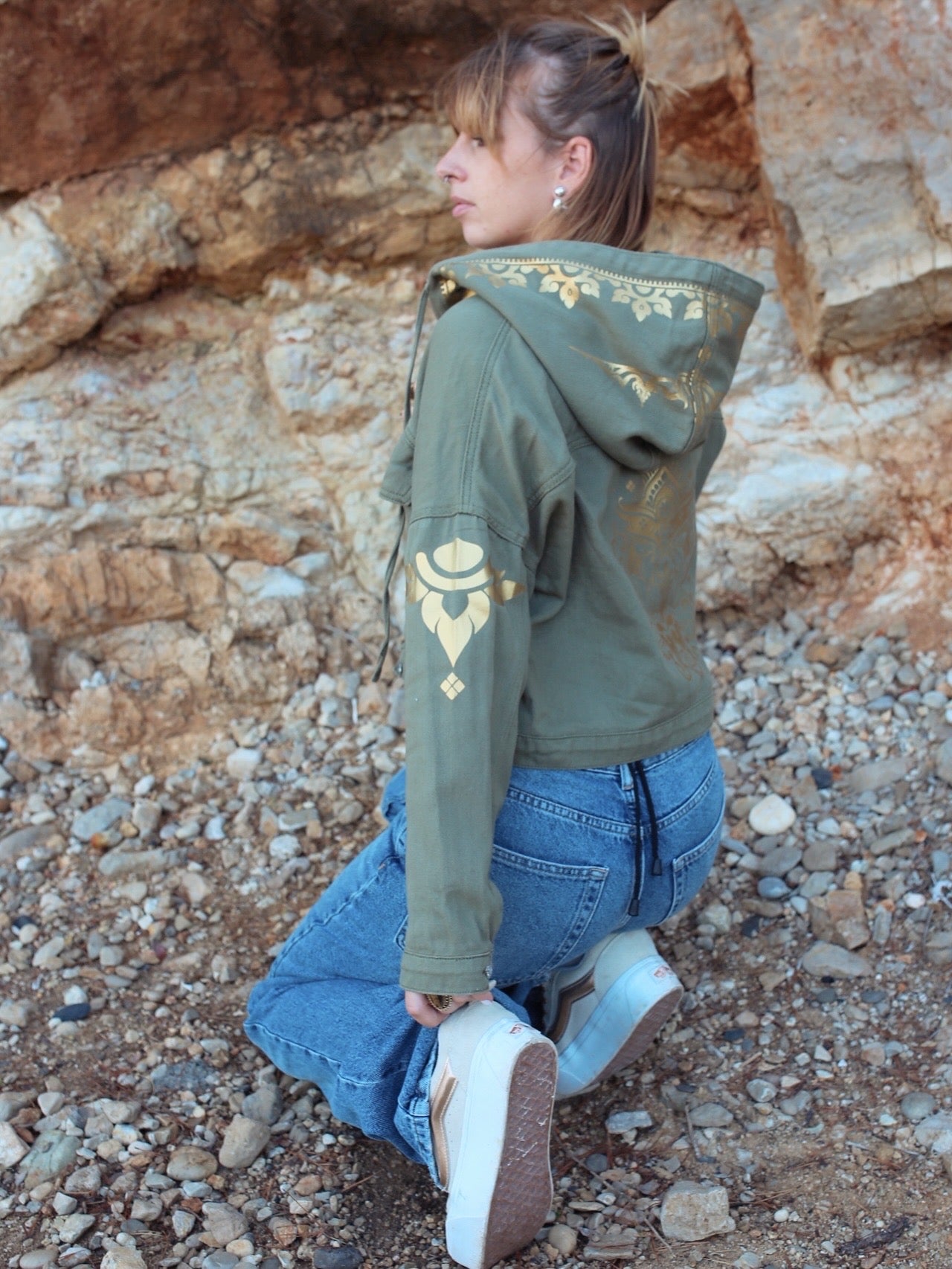 Veste en jean kaki à capuche